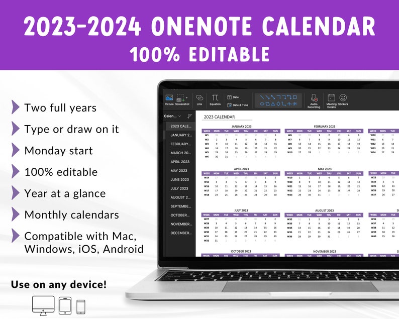 2023 2024 Onenote Calendar Editable Template Onenote Etsy Finland