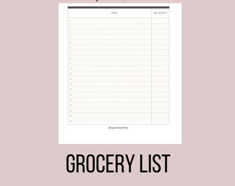 May include: A printable grocery list template with 20 numbered lines for items and a column for quantity. The text "Grocery List" appears at the top and bottom of the page.