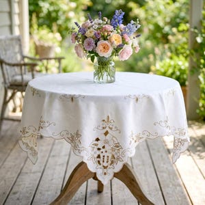 Vintage Square Tea Tablecloth, Gray Hand Embroidery Cutwork, Table Centerpiece, Richelieu, 40 inch / 102 cm and 32.7 х 30.7 inch / 83х78 cm