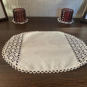 Tovaglietta ovale vintage in cotone 34 x 25 cm (13,4 x 9,8 pollici) Nessun difetto, Tovaglietta, Tovaglietta per vassoio, Bordo in pizzo a tombolo