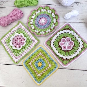 4 piezas de patrón de cuadros de abuela de ganchillo, posavasos para taza caliente, salvamanteles, manta de flores, neceser, funda de cojín, patrón cuadrado, agarradera de 5"