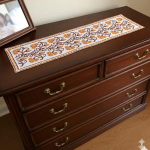 Vintage Cotton Table Runner 26,4" x 7.4" / 67x19cm, Orange Dresser Scarf, Hand Cross Stitch, Fireplace Decor, Runner for Coffee Table