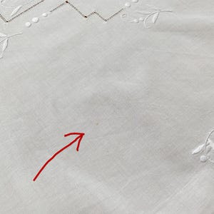 May include: A white fabric tablecloth featuring delicate white embroidery with leaf and dot patterns along the edges. A small, faint brown spot is visible on the surface, highlighted by a bright red arrow pointing directly to the mark.