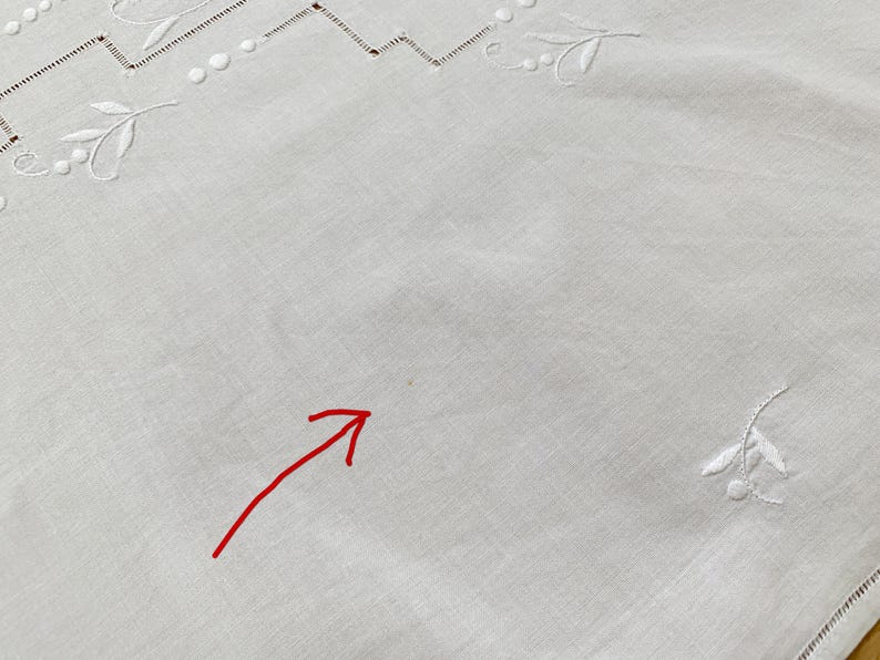 May include: A white fabric tablecloth featuring delicate white embroidery with leaf and dot patterns along the edges. A small, faint brown spot is visible on the surface, highlighted by a bright red arrow pointing directly to the mark.