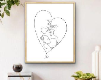 One Line Drawing Family, Gift Art Print, Heart Family, Newborn Baby, Gift Birth Baby, Happy Birthday, Wall Art, WORLD PEACE!!!