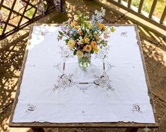 Vintage Cotton Small Tablecloth, Hand Embroidery Cutwork, Gray Floral Coffee Table Cover, Home Textiles 32.7 х 30.7 inches / 83 х 78 cm