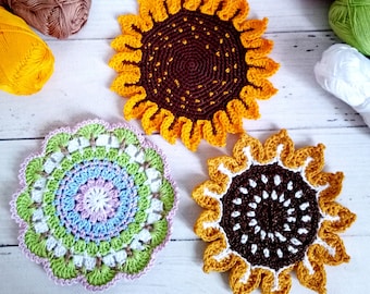 2 PDF Crochet Coasters Pattern Ø-5", Sunflowers, Crochet Cherry Trees, Crochet Blooming Sakura, Easy To Follow Tutorial