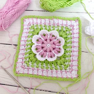 Motivo quadrato all'uncinetto per nonna, fiore 3D, quadrato rosa verde, coperta all'uncinetto con motivo floreale, sottobicchiere, federa per cuscino, borsa per cosmetici,