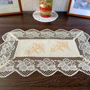 Può includere: Un centrino in pizzo rettangolare color crema con un pannello centrale in tessuto caratterizzato da due motivi floreali ricamati. Il bordo è costituito da un complesso motivo in pizzo smerlato con un disegno a foglie ripetuto.
