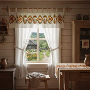 May include: A rustic kitchen scene with a window featuring white curtains and a valance with a geometric floral design. The room includes wooden furniture, pottery, and a view of a path leading to a house.