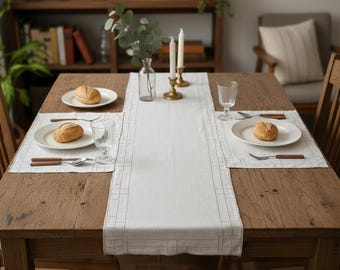 3er Set, Vintage Beige Cambric Tischläufer, Kein Defekt, 40"x13"/ 102х33cm + 2 Stk Tischsets 16.5x12"/ 42х30cm Handstickerei, Tischdekoration