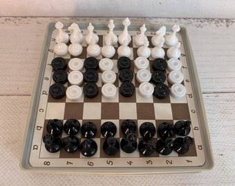 Vintage Tiny Magnetic Chess and Checkers Set 80s, Travel Mini Chess Ukraine, Plastic Tourist Pocket Compact Chess Set, Board Game for Adults