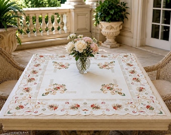 Vintage Small Square Tablecloth, Machine Embroidery Satin Stitch, Cotton Coffee Table Decor, Tea Table Accent 32.3 х 31.5 inches / 82 х 80cm