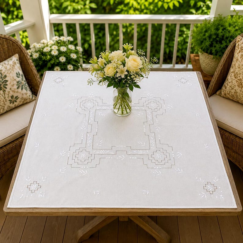 May include: A square white tablecloth featuring intricate grey geometric embroidery patterns and small floral motifs. The fabric is laid flat on a wooden table, centered with a clear glass vase containing a bouquet of white and yellow flowers.