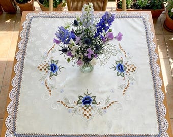 Vintage Small Square Tablecloth, Table Centerpiece, Machine Embroidery, Polyester, Blue Floral Print, Like New 34.6"/ 88 cm & 31.5"/ 80 cm