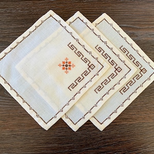 Vintage Fabric Square Doilies Set of 3, 8 inches/20cm No defect, Hand Cross Stitch, Cream Coasters for Vase or Figurines, Decor Coffee Table