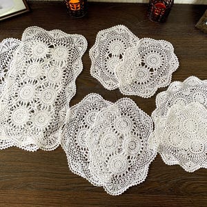 Set 8 Vintage Crochet Doilies White Lace Cotton Doily, Dresser Doily, Guest Room, Table Decor Kitchen Farmhouse, Cute Doilies Vase Figurines