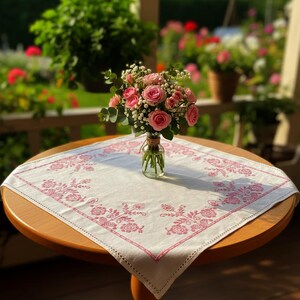 Vintage Hand Cross-Stitch, Tea Tablecloth 31" x 31"/ 78 cm No defect, Cotton Table Cover, Embroidered Roses, Small Square Table Decor