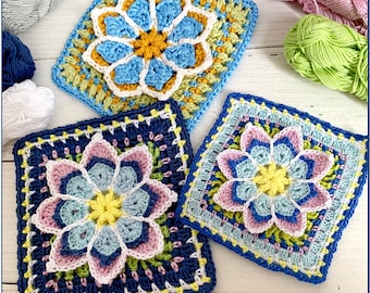 Crochet Pattern Granny Square, 3D Lotus Floral Design for Blanket
