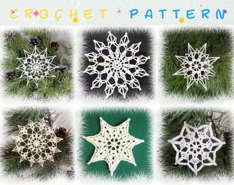 Crochet Snowflake Pattern, Christmas Lace Snowflakes, Xmas Tree Decor (Set of 7 PDF Pattern) Large Small Snowflakes Ø 3-6"