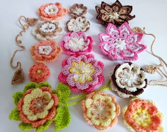 Conjunto de 5 patrones de flores de ganchillo, decoración de ropa, accesorios de ganchillo, decoración floral para bodas, guirnaldas florales, collares, apliques de flores.