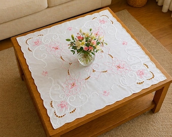 Vintage Square Cotton Tea Tablecloth, Table Topper, Machine Embroidery, Table Cover, Coffee Table Decor, No defect 30.3" x 28.3" / 77x72 cm
