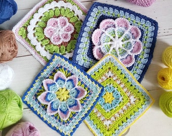 4 pcs Crochet Pattern Flower Granny Square, Crochet Blanket, Crochet Trees, Cosmetic Bag, Cushion Cover Ornament, Modern Floral Design. 4-5"