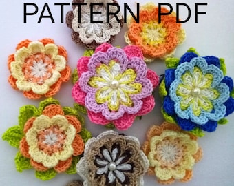 かぎ針編みの花模様、アップリケ装飾（PDFパターン2点セット）フラワーバッグチャーム、ヘッドバンド、ブローチ、車のサスペンションアクセサリー