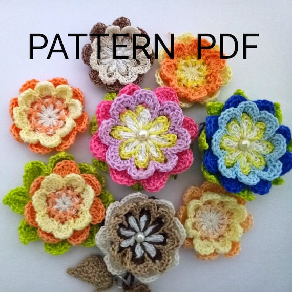 Crochet Flower Pattern, Applique Embellishment (set of 2 PDF Pattern) Flower Bag Charms, Headband, Brooch, Car Suspension Accessory