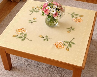 Vintage Yellowish Beige Square Small Tablecloth, Hand Cross Stitch, Rose Floral, Polyacryl, Like new 35.4x34.6 inch / 90x88cm