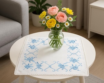 Vintage Cotton Small Tablecloth 27.5 х 25 inches / 70 х 64 cm Hand Cross Stitch Blue Flowers, Kitchen Decor