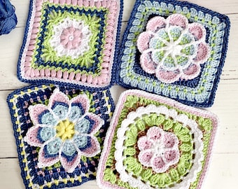 Set of 4 Crochet Granny Square Pattern Pink Green Blue for Cushion Cover, 3D Flower Blankets, Kitchen Decor Hot Cup Coaster Easy Tutorials