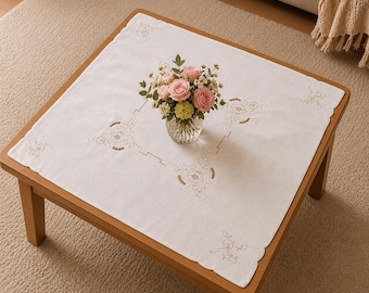 ヴィンテージテーブルクロス：未使用の刺繍入りコットンテーブルクロス