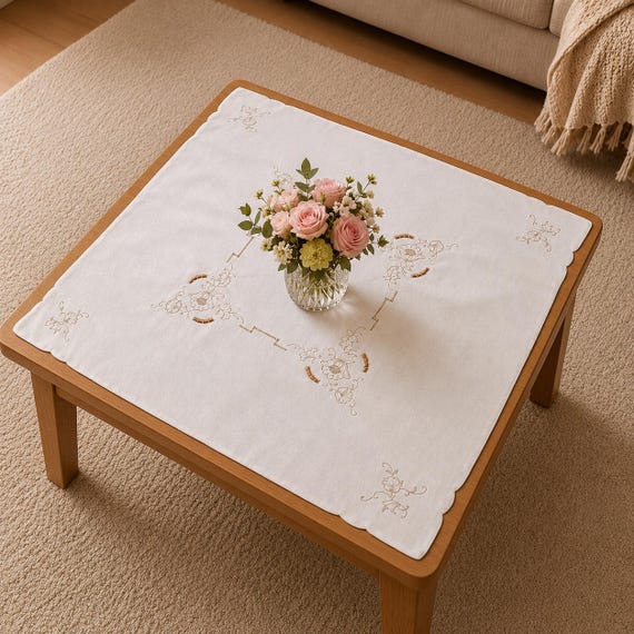 Vintage Cotton Small Tablecloth 33 x 31 inches / 84 x 79 cm Hand Embroidery Cutwork, Gray Floral Coffee Table Decor, Home Textiles