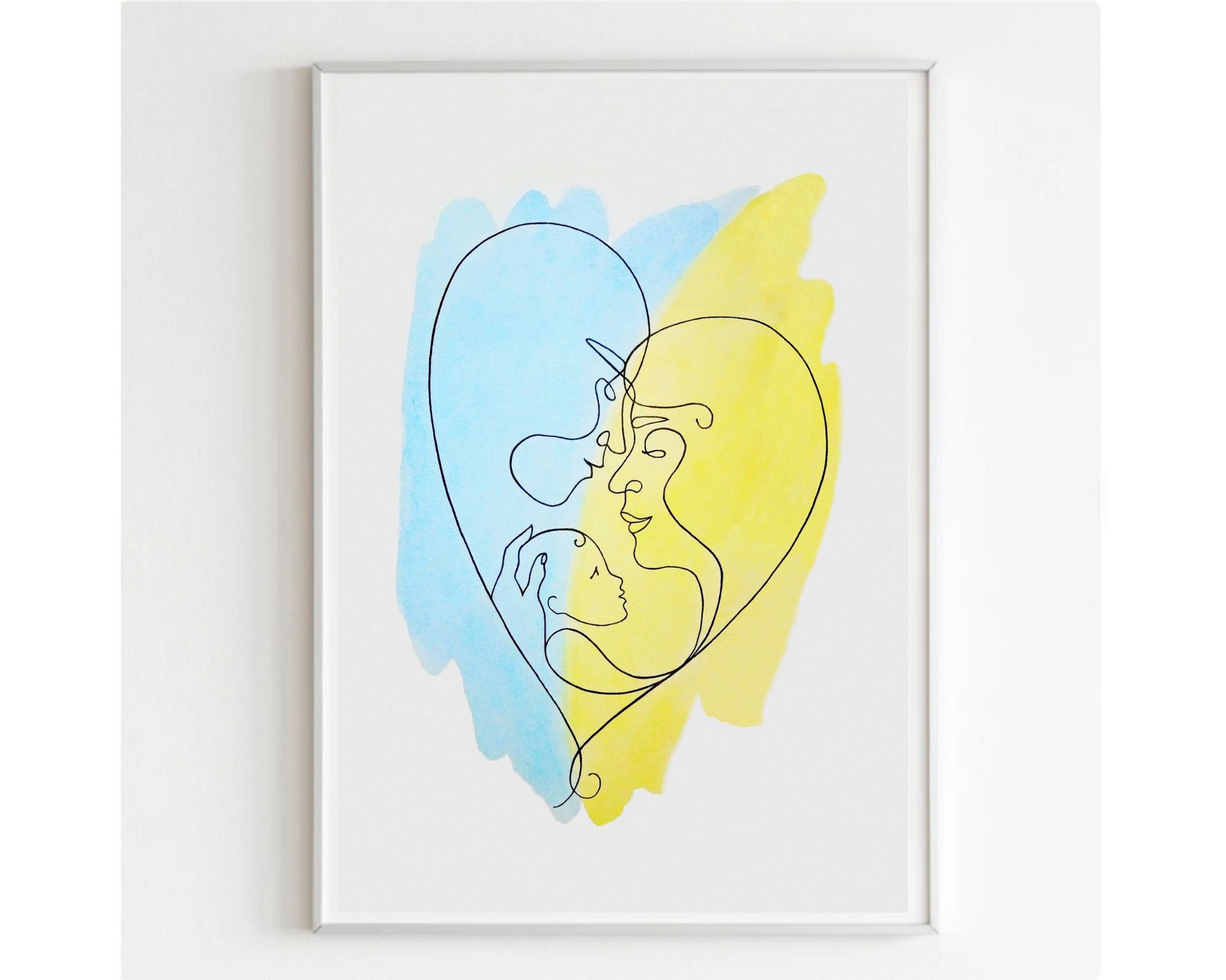 One Line Drawing Family, Wall Art, Art Print 2 options, Newborn Baby, Gift Birth Baby, Happy Birthday, Ukraine digital file, WORLD PEACE!