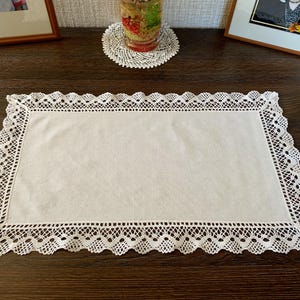 Vintage Cotton Doily, Rectangular Table Decor, Bobbin Lace Edge, Soft Mat for Vases or Figurines, No defect, 22 x 13.4 inches / 56 x 34 cm