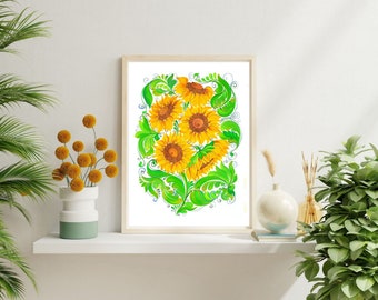 Floral Print Sunflowers Petrykivka Painting, Ukrainian Folk Art, Art Painting, Watercolor Drawing, Flowers Wall Art, Yellow Flower STOP WAR!