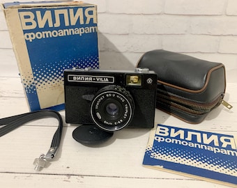 Vintage Vilia Working 35mm Film Camera, Old Soviet Photo Camera, Retro Photo Sessions, Gift Collector, Leather Case, Black White Photography