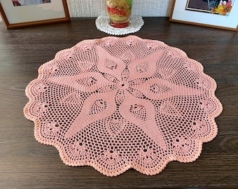 Tapete de ganchillo rosa vintage de 50 cm (19,7 pulgadas) y tapete naranja, sin defectos. Tapete redondo de encaje de ganchillo grande, mantel pequeño para mesa de té.