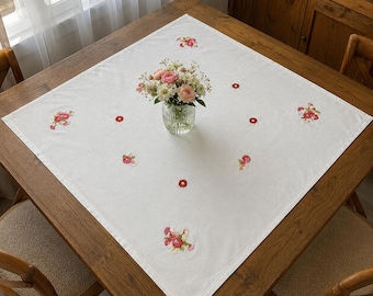 Vintage Hand Embroidered, Square Tea Tablecloth, Floral Cotton Tablecloth, Cottagecore Decor 29.5 x 27.2 inches / 75 x 69 cm