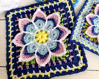 Crochet Pattern Granny Square, Crochet Square Floral Design for Blanket, Cushion Cover, Crochet Flower, Modern Granny Square, Cosmetic Bag.