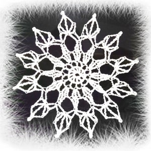 May include: White crocheted snowflake with a delicate, intricate design. The snowflake has a circular shape with multiple points radiating outwards.