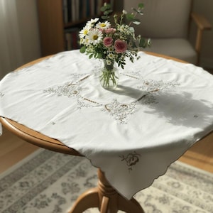 Vintage Square Tea Tablecloth 32.7х30.7 inches / 83х78cm, Gray Hand Embroidery Cutwork, Table Centerpiece
