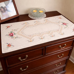 Vintage Cotton Table Runner 32.7 x 14.5"/ 83 x 37.5 cm No defect Dresser Scarf, Hand Cross Stitch, Cream Coffee Table Decor, Fireplace Decor
