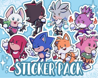 May include: A sticker pack featuring characters from the Sonic the Hedgehog franchise. The characters include Sonic, Tails, Knuckles, Amy, Shadow, Silver, and Blaze. The stickers are colorful and feature a cartoon style.