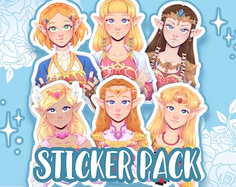 Könnte beinhalten: Ein Sticker-Set mit fünf verschiedenen Illustrationen von weiblichen Figuren mit blonden Haaren, die verschiedene Outfits und Accessoires tragen. Die Figuren haben unterschiedliche Gesichtsausdrücke und Frisuren. Das Sticker-Set ist mit "Sticker Pack" beschriftet.