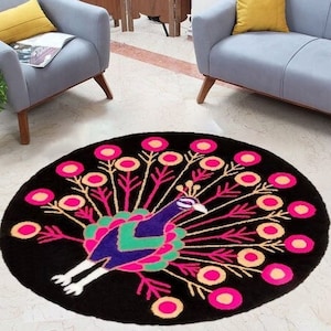 Round Rug / Circle Rug / Bird Rug / Peacock Rug / Folk Rug / Beautiful Desk Rug, Hand Tufted Area Rug for Living Room, Bedroom