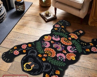 Hand Tufted Bear Shaped Rug / Flower Rug Bedroom / Floral Rug / Cute Floral Area Rug 3x5, 4x6 / Aesthetic Flower Rug Retro / Animal Rug Wool