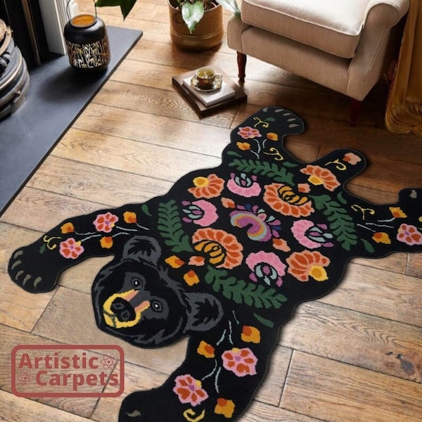 Hand Tufted Bear Shaped Rug / Flower Rug Bedroom / Floral Rug / Cute Floral Area Rug 3x5, 4x6 / Aesthetic Flower Rug Retro / Animal Rug Wool