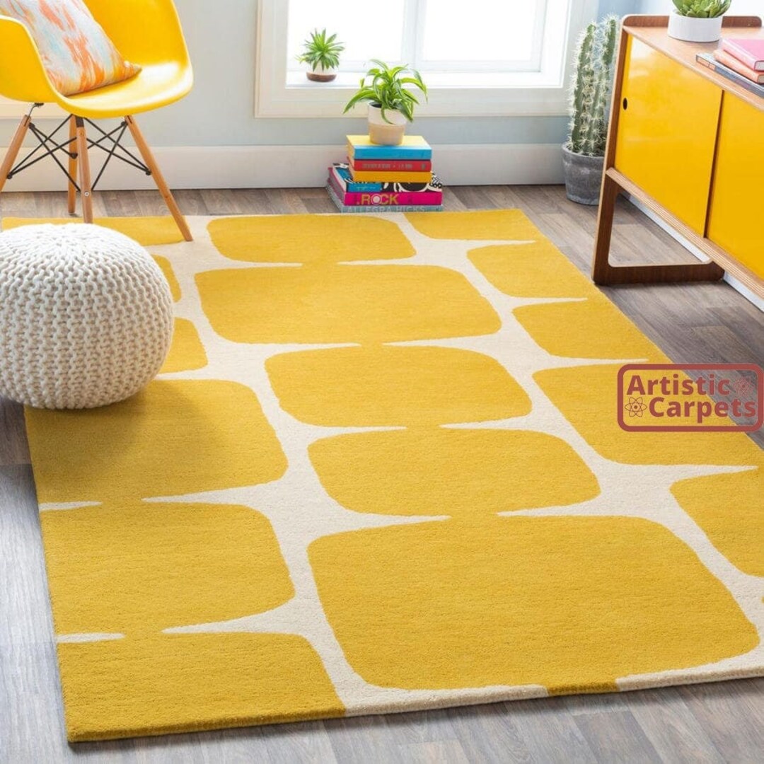 Modern Rug for Living Room, Bedroom / Yellow Rug / Large Wool Rug